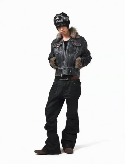 Washed Distressed Rivet Fur Collar Jacket