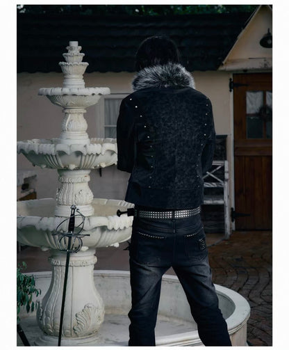 Cross Feather Napoleon Collar Suede-Touch Padded Jacket