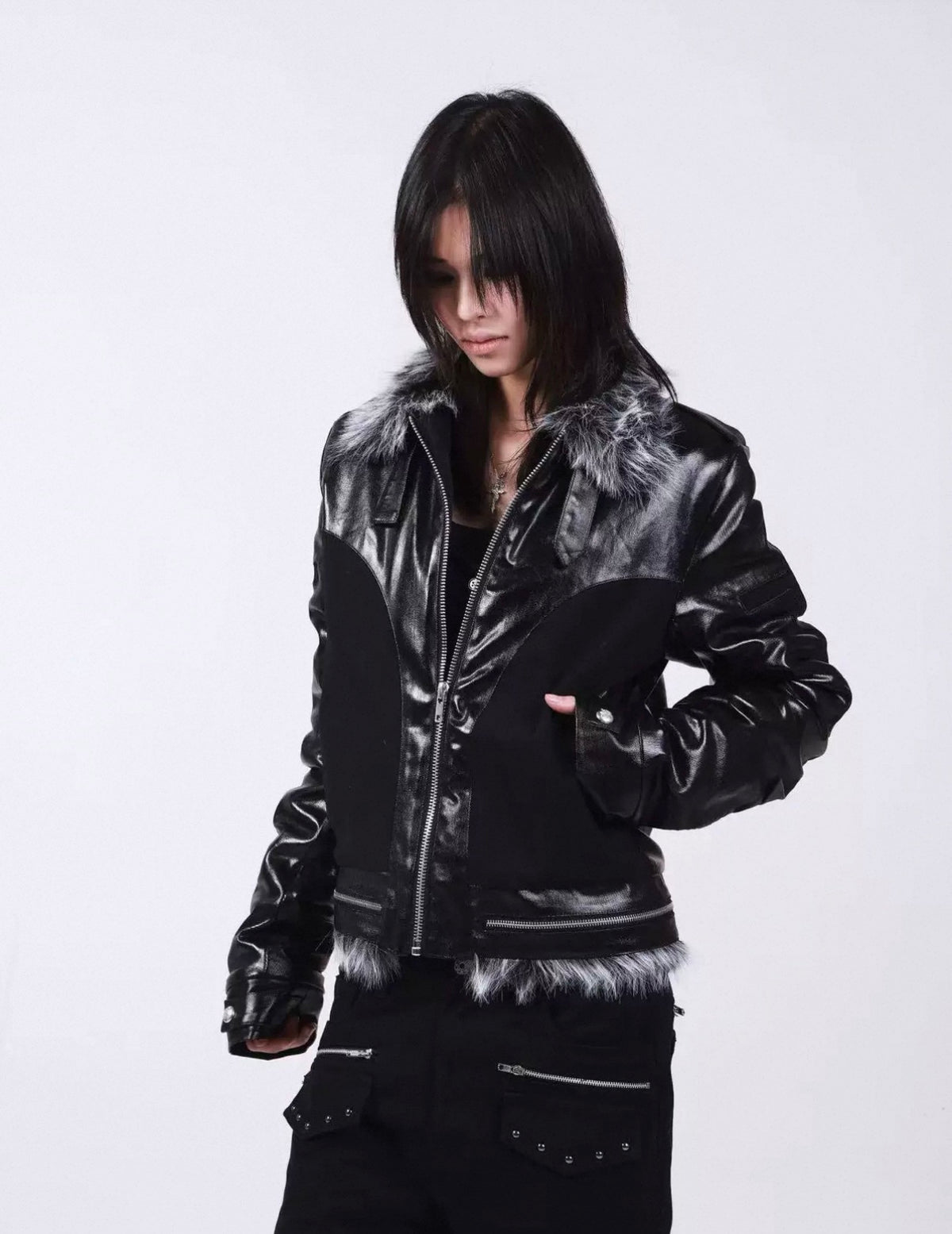 Cross Buckle Wax-Washed Fur Collar Padded Jacket