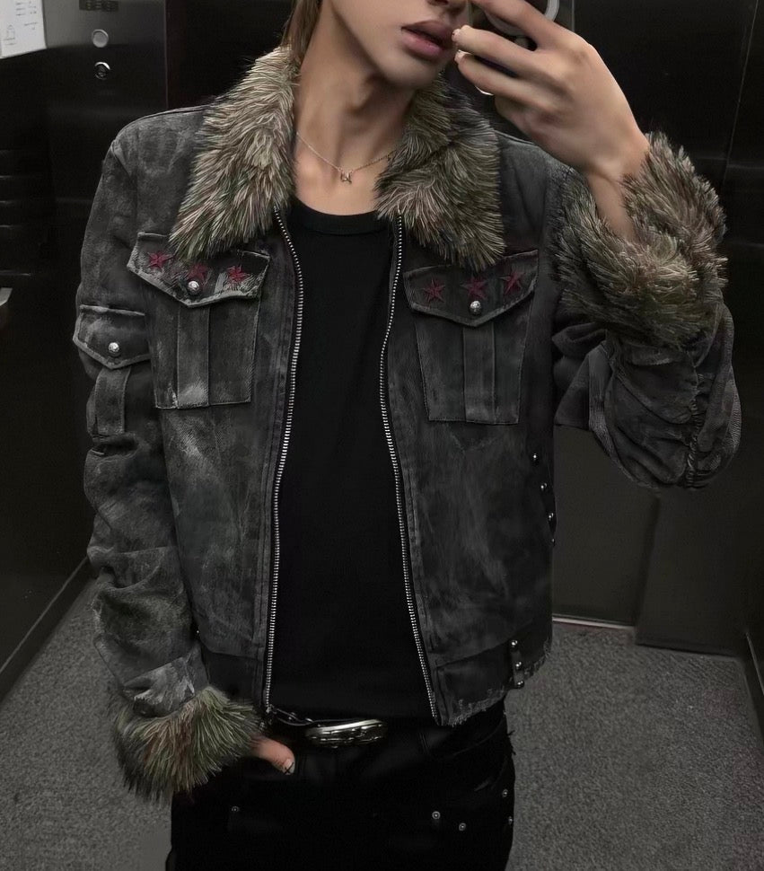 Washed Distressed Rivet Fur Collar Jacket