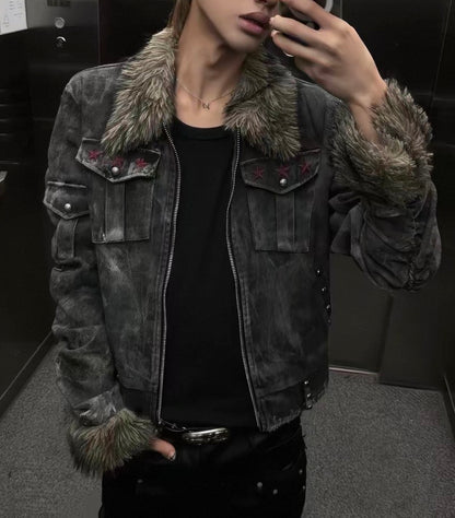 Washed Distressed Rivet Fur Collar Jacket