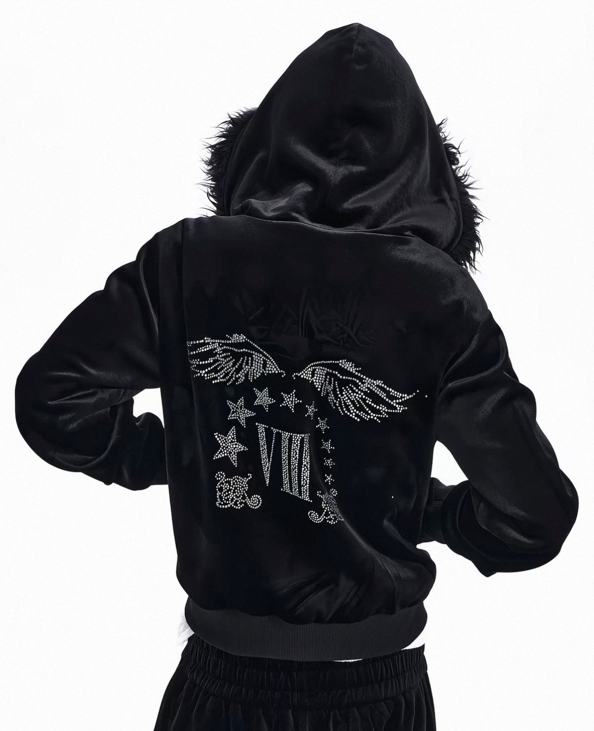 Rhinestone Logo Fur Collar Zip-Up Hoodie Jacket