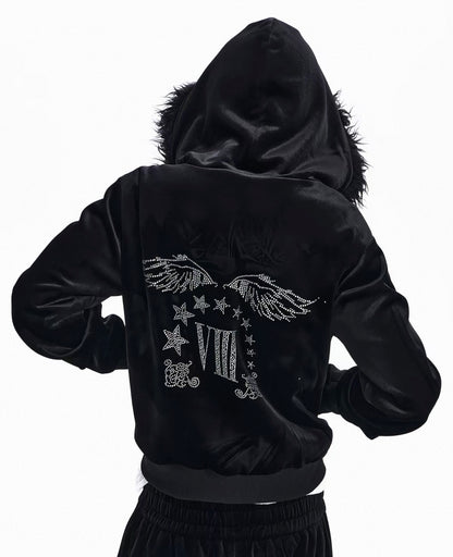 Rhinestone Logo Fur Collar Zip-Up Hoodie Jacket