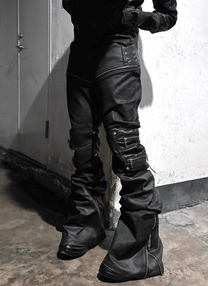 YOUWILLKNOW PU Lether Technical Flare Pants