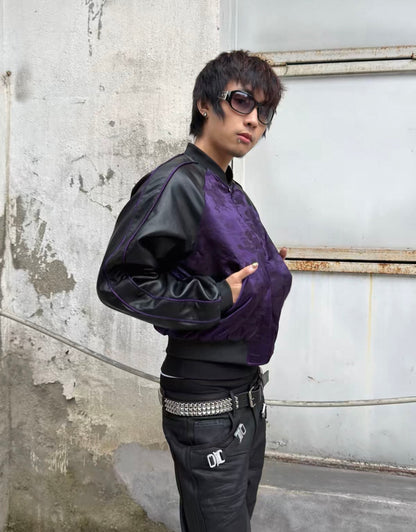 Purple Dragon Jacquard Faux Leather Sleeve Bomber Jacket