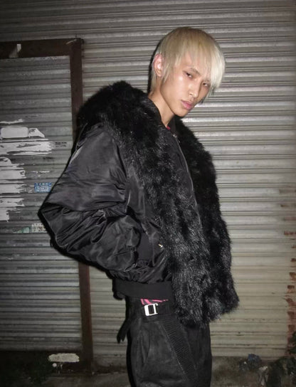 Cross Graphic Detachable Fur Collar Hooded MA-1 Jacket