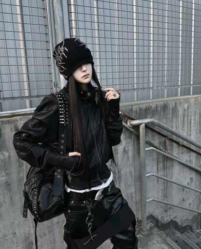 Metal Black Stand Collar Zipper Jacket