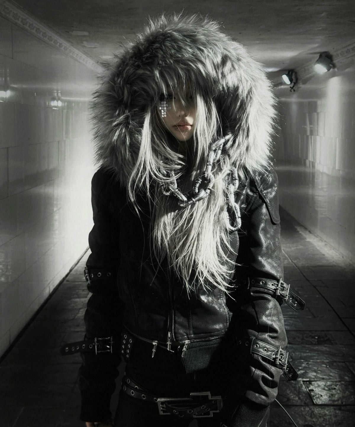 Vein Texture Sacred Sword Buckle Detachable Fur Hood PU Leather Jacket