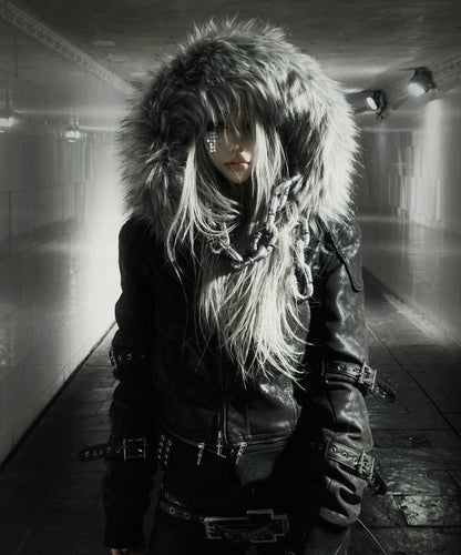 Vein Texture Sacred Sword Buckle Detachable Fur Hood PU Leather Jacket