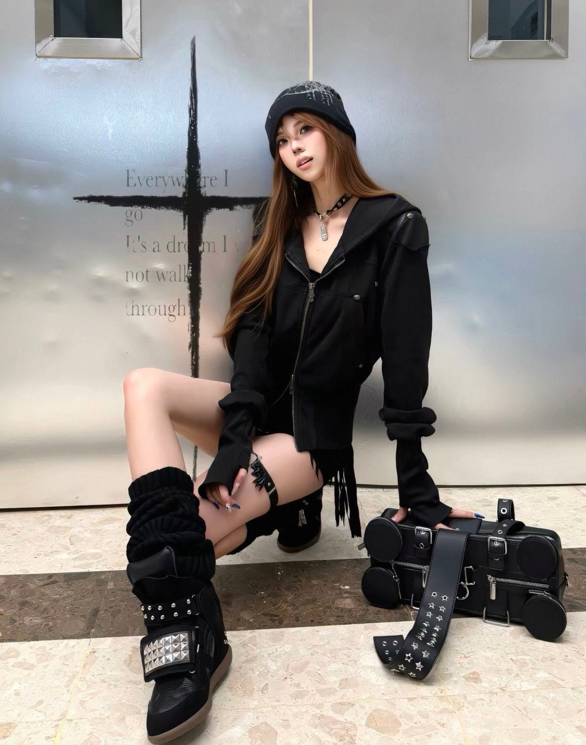 Washed Black Armor Multi-Pocket Zip Hoodie Jacket