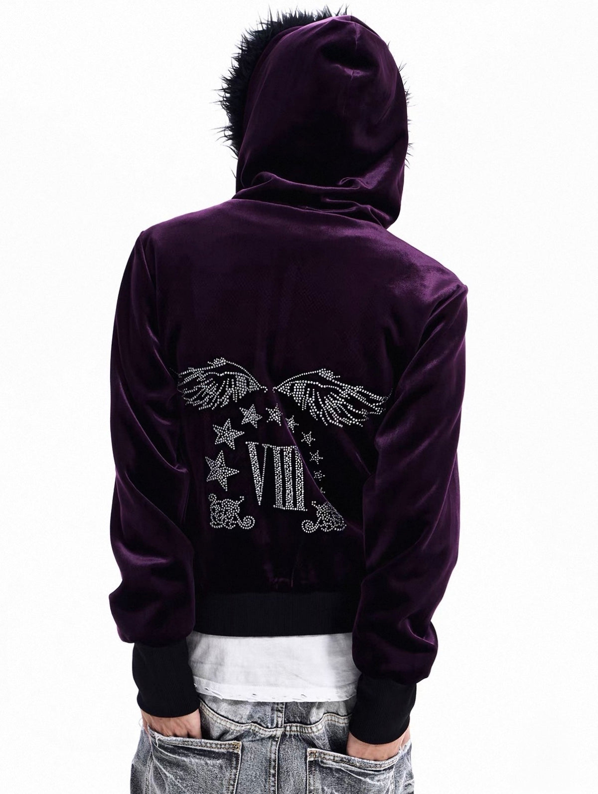 Rhinestone Logo Fur Collar Zip-Up Hoodie Jacket