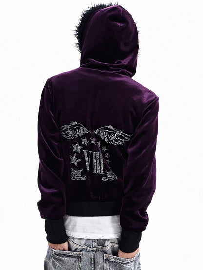 Rhinestone Logo Fur Collar Zip-Up Hoodie Jacket