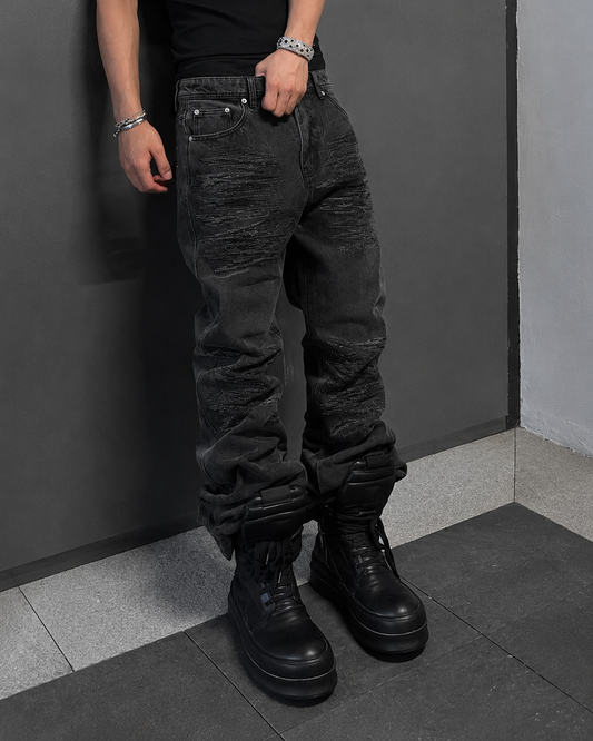 Gradient Rhinestone Whisker Washed Slim Denim Pants