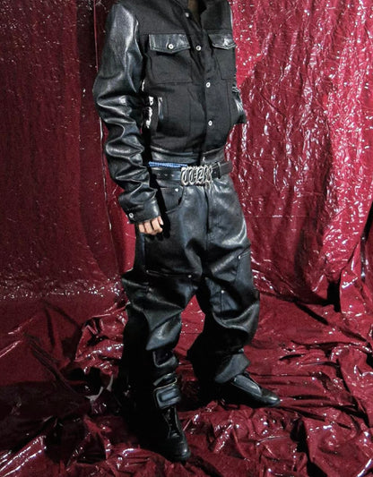 GROUPMAREK PU Leather Lettering Pants