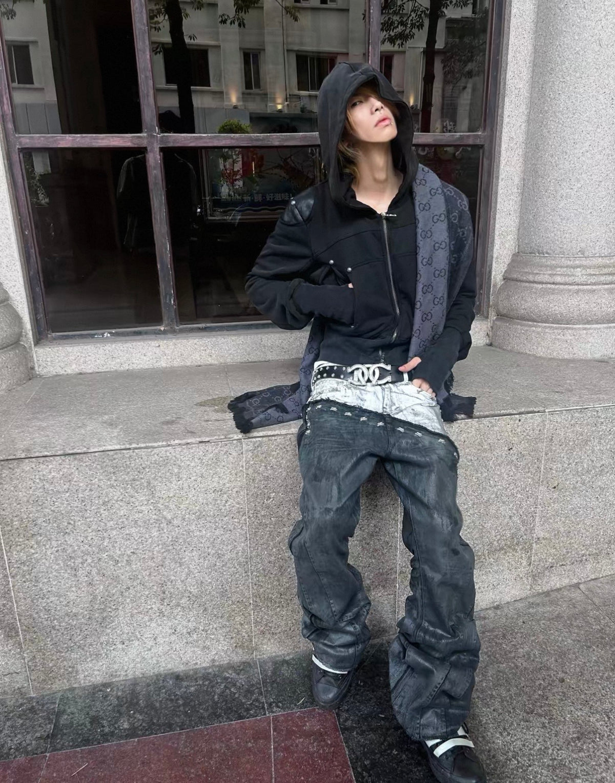 Washed Black Armor Multi-Pocket Zip Hoodie Jacket