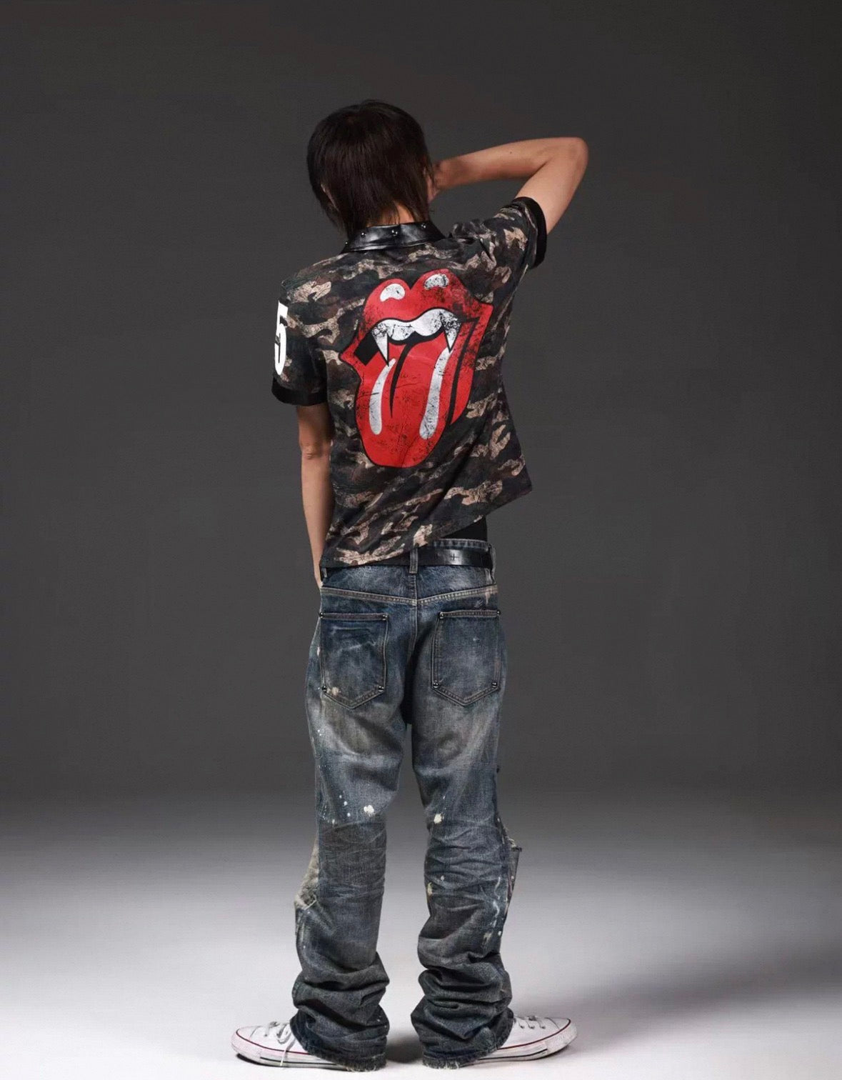 Camouflage Rhinestone Rivet Polo Shirt