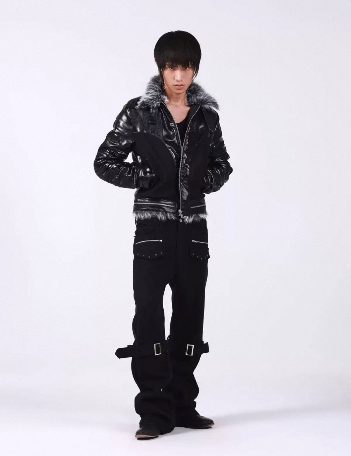 Cross Buckle Wax-Washed Fur Collar Padded Jacket