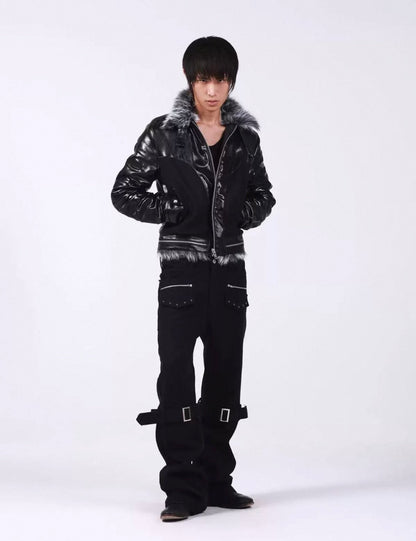 Cross Buckle Wax-Washed Fur Collar Padded Jacket