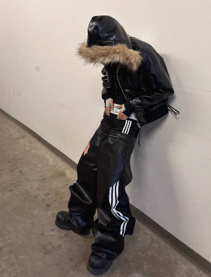 FOURTH3EX Double Waist PU Leather Pants