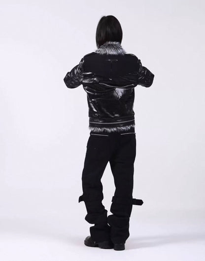 Cross Buckle Wax-Washed Fur Collar Padded Jacket