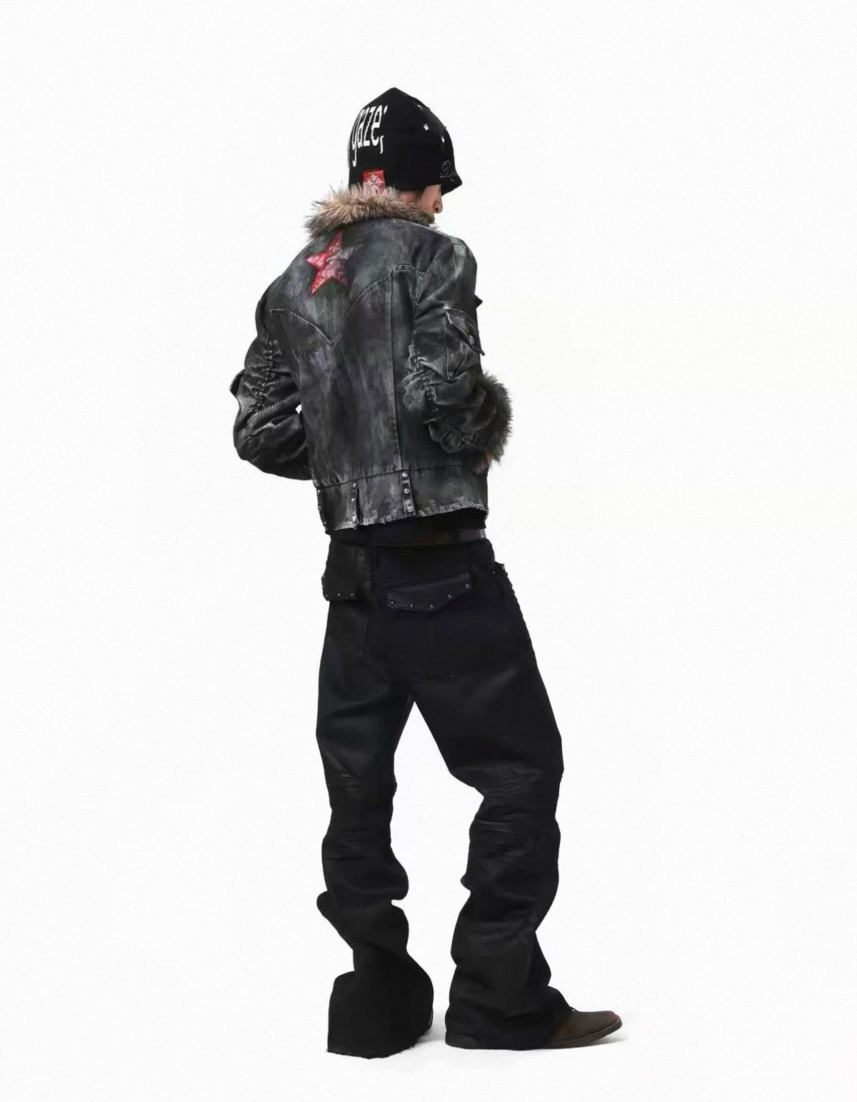 Washed Distressed Rivet Fur Collar Jacket
