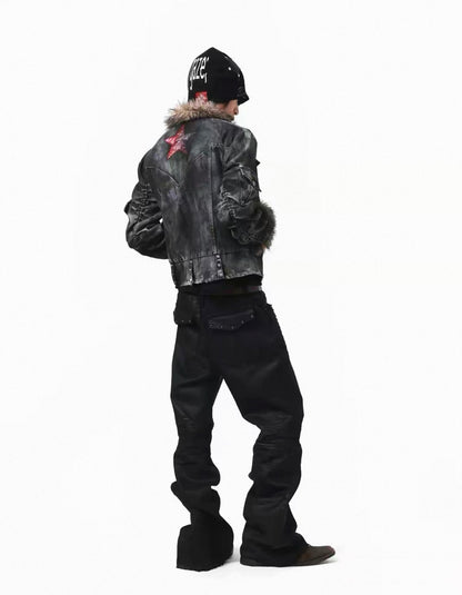 Washed Distressed Rivet Fur Collar Jacket
