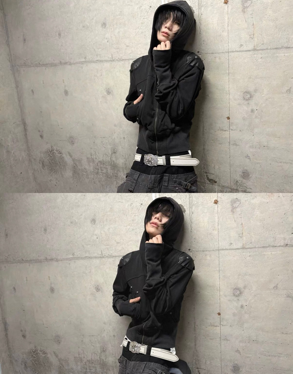 Washed Black Armor Multi-Pocket Zip Hoodie Jacket