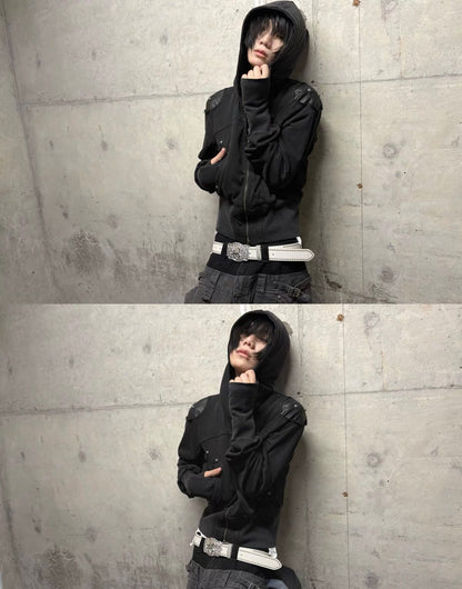 Washed Black Armor Multi-Pocket Zip Hoodie Jacket