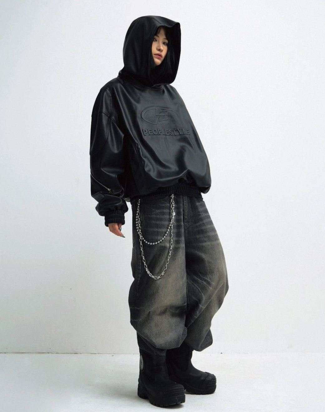 PERSONSOUL PU Leather Hoodie