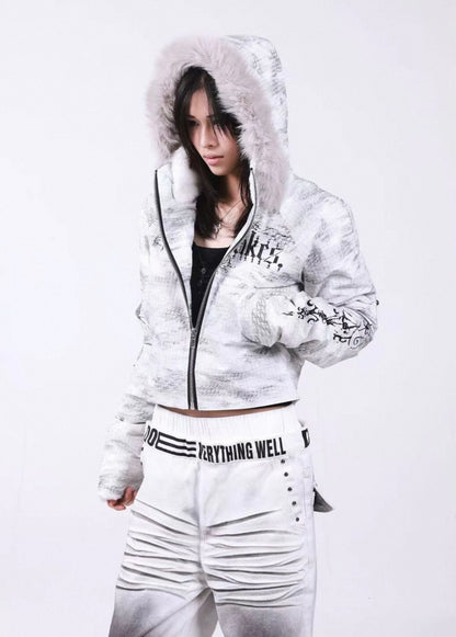 Washed Vintage Fur Collar Hooded Jacket