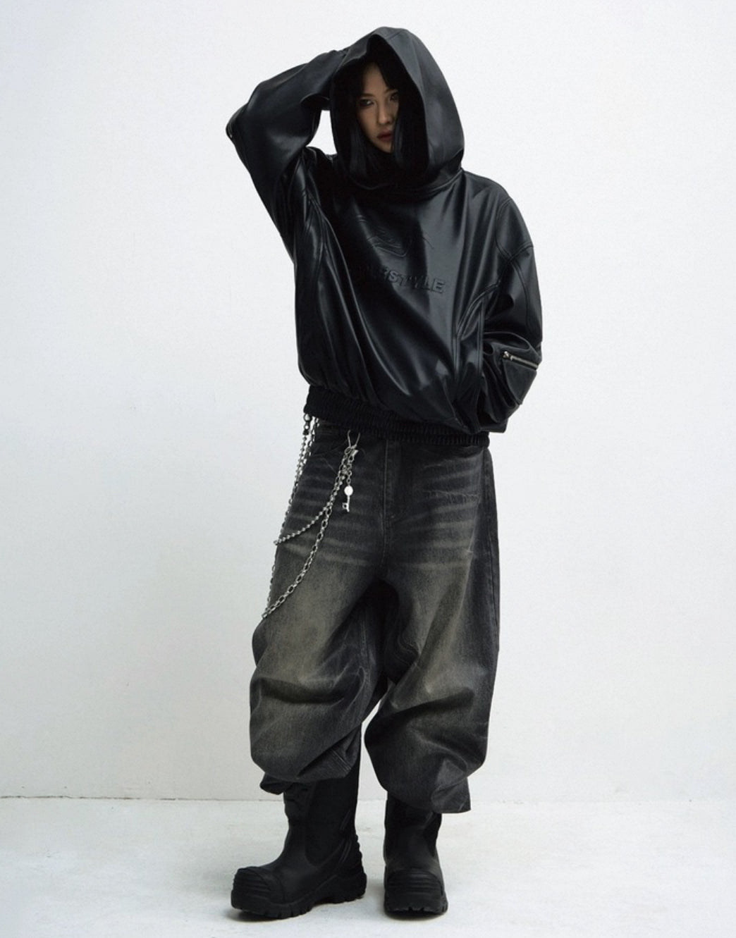 PERSONSOUL PU Leather Hoodie