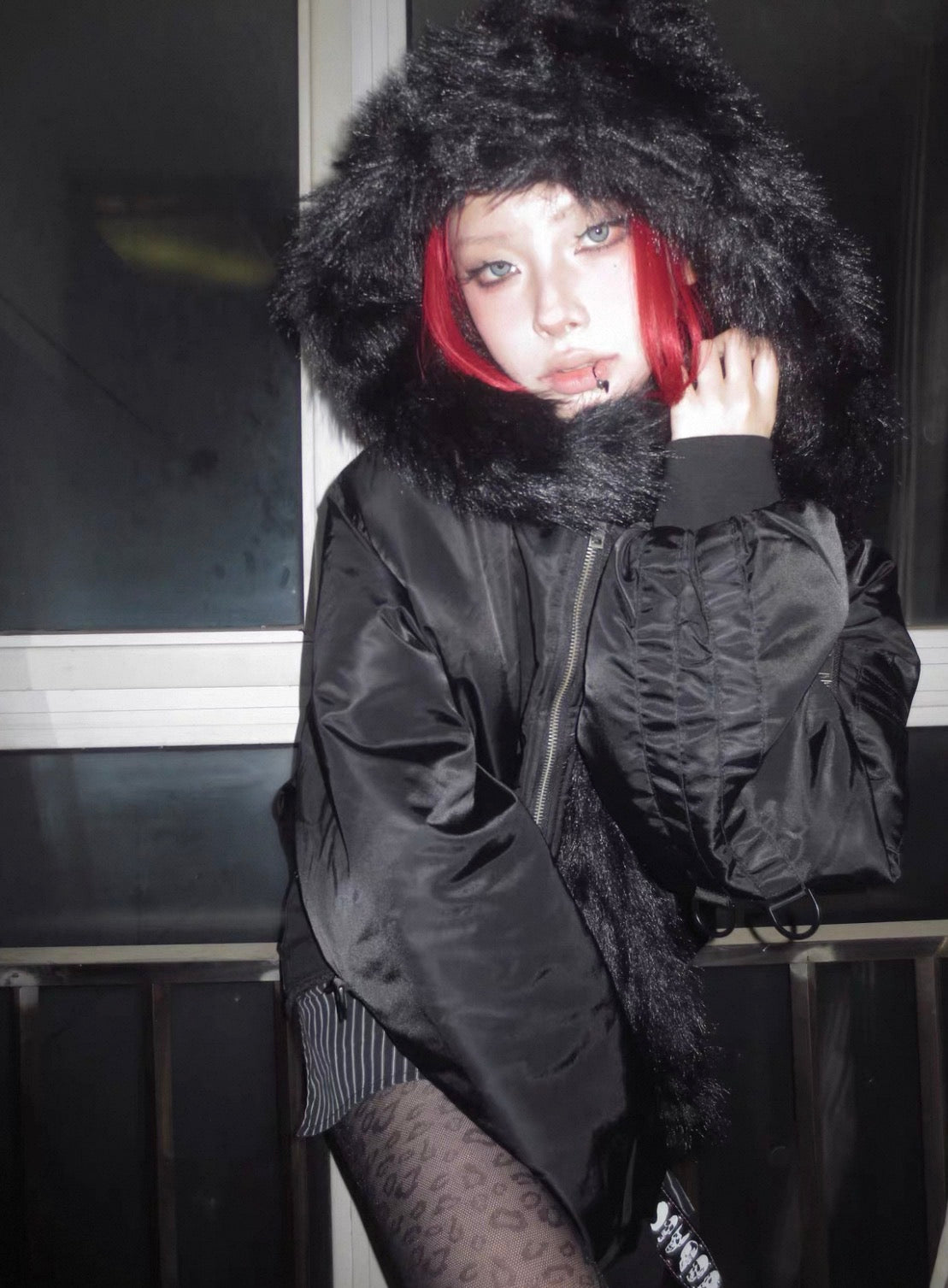 Cross Graphic Detachable Fur Collar Hooded MA-1 Jacket