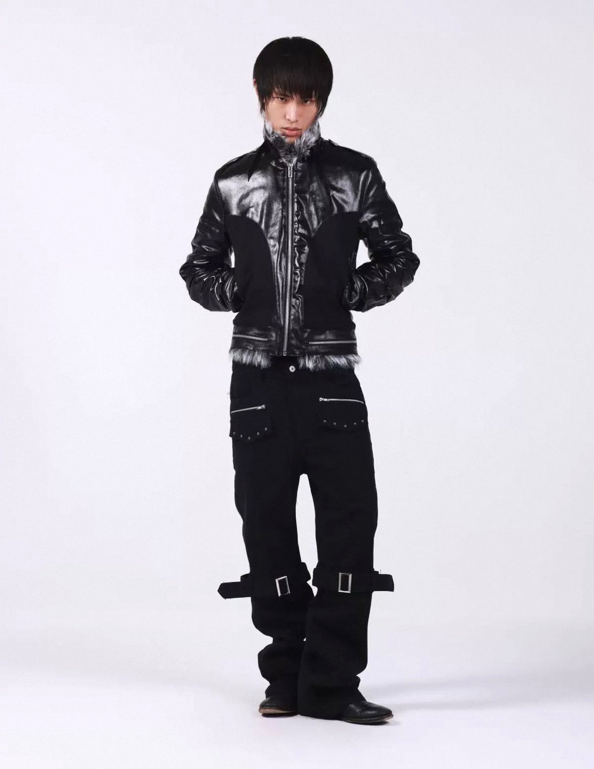 Cross Buckle Wax-Washed Fur Collar Padded Jacket