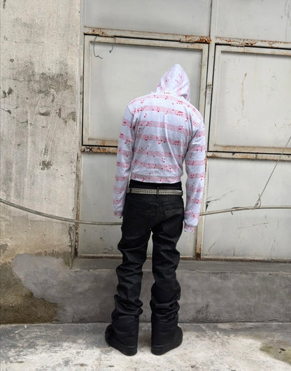Pink Music Note Print Grey Cropped Zip Hoodie