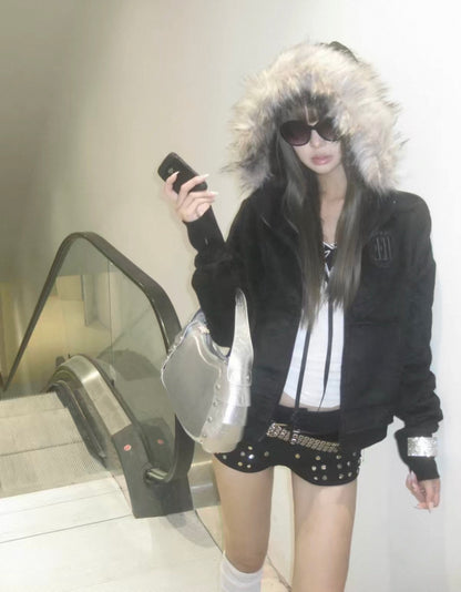 Cross Coffin Golden Raccoon Fur High Collar Hooded Fringe Jacket