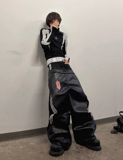 FOURTH3EX Double Waist PU Leather Pants