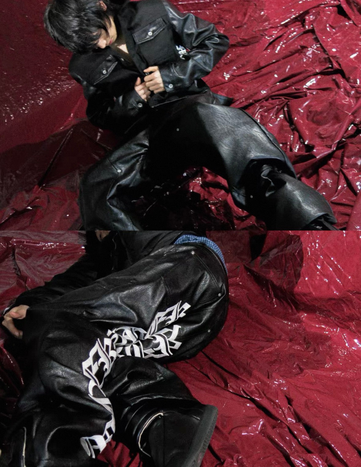 GROUPMAREK PU Leather Lettering Pants