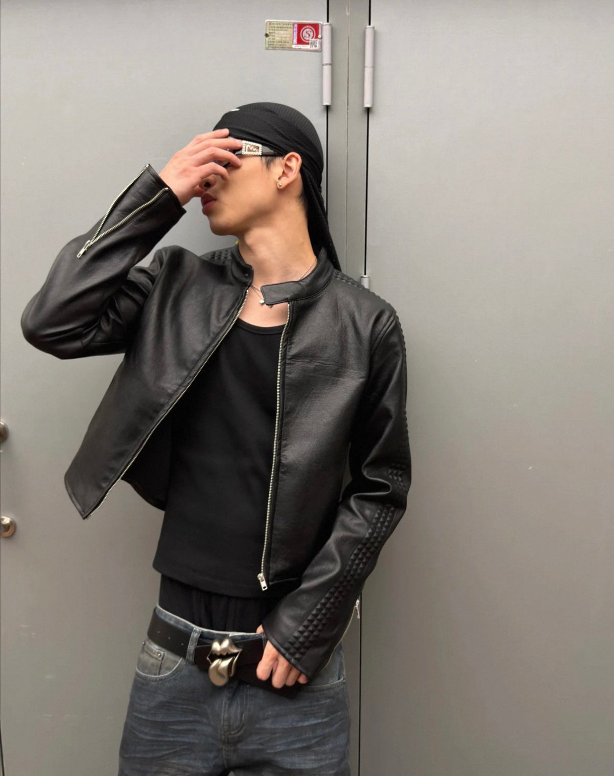Embossed Slim Fit Cropped Faux Leather Jacket