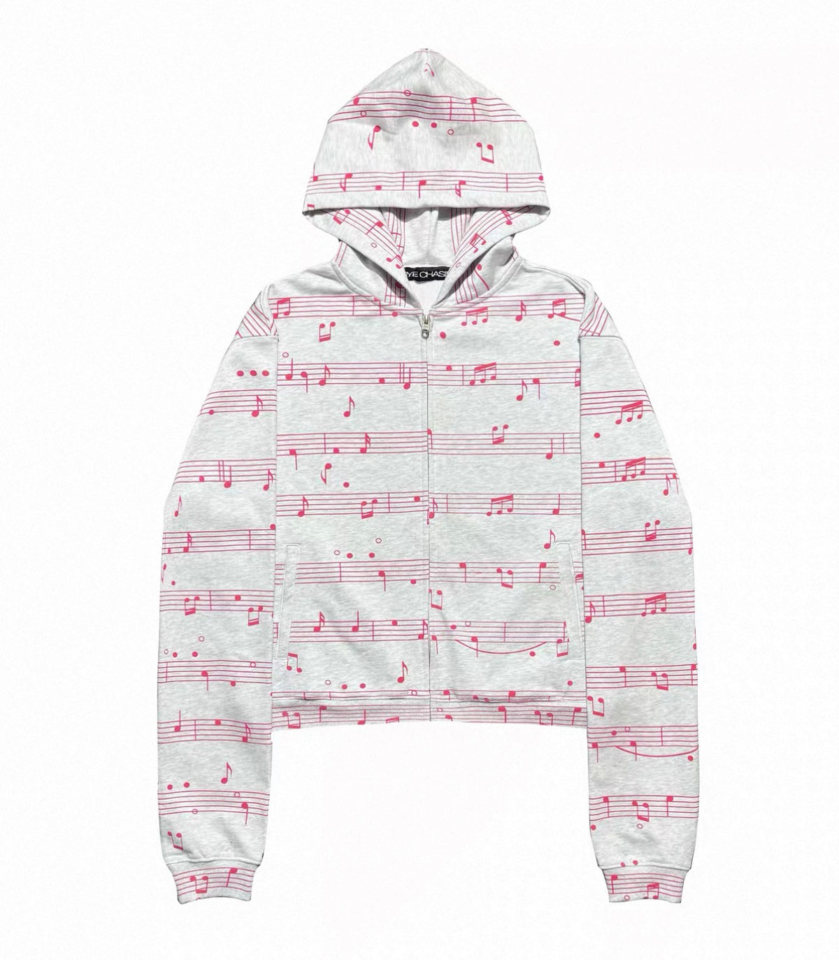 Pink Music Note Print Grey Cropped Zip Hoodie