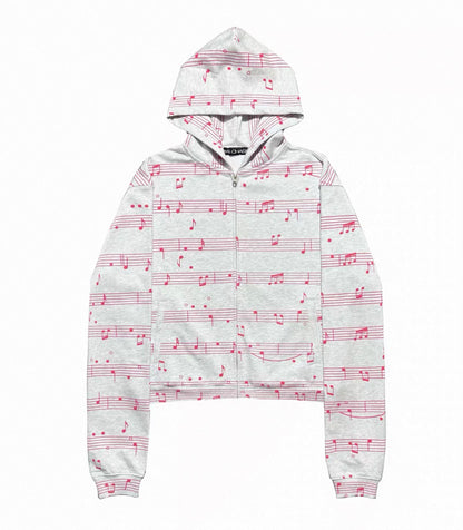 Pink Music Note Print Grey Cropped Zip Hoodie