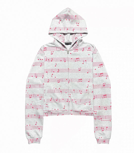 Pink Music Note Print Grey Cropped Zip Hoodie