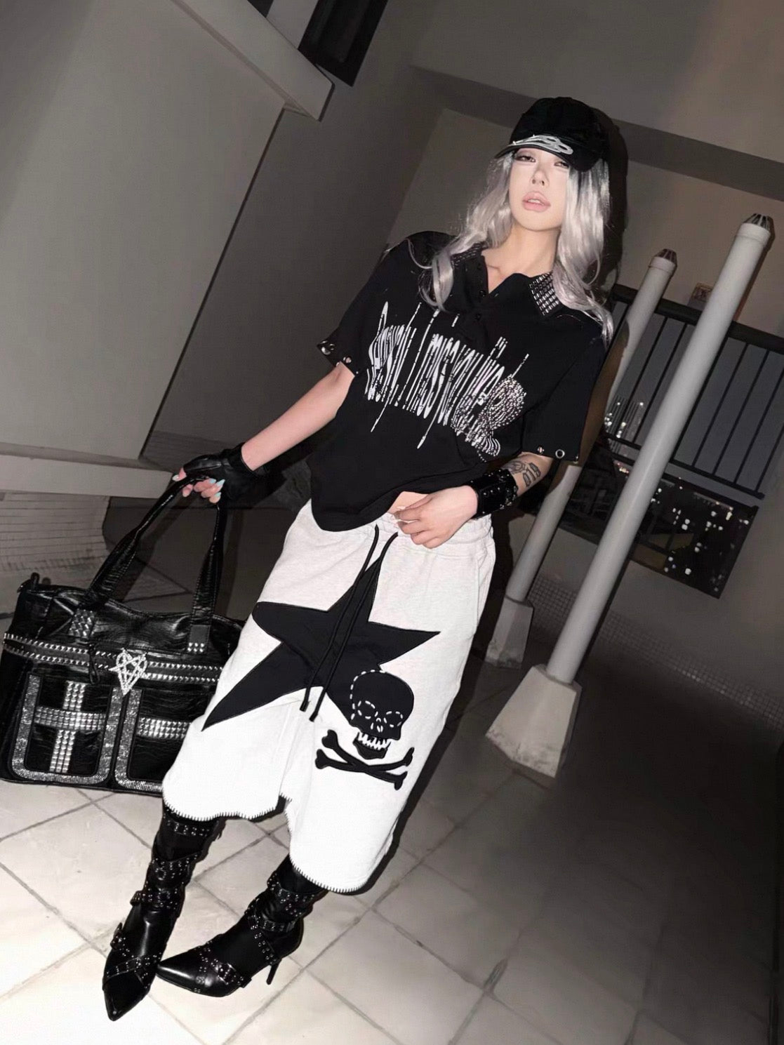 Rhinestone Cross Rivet Punk Polo Shirt