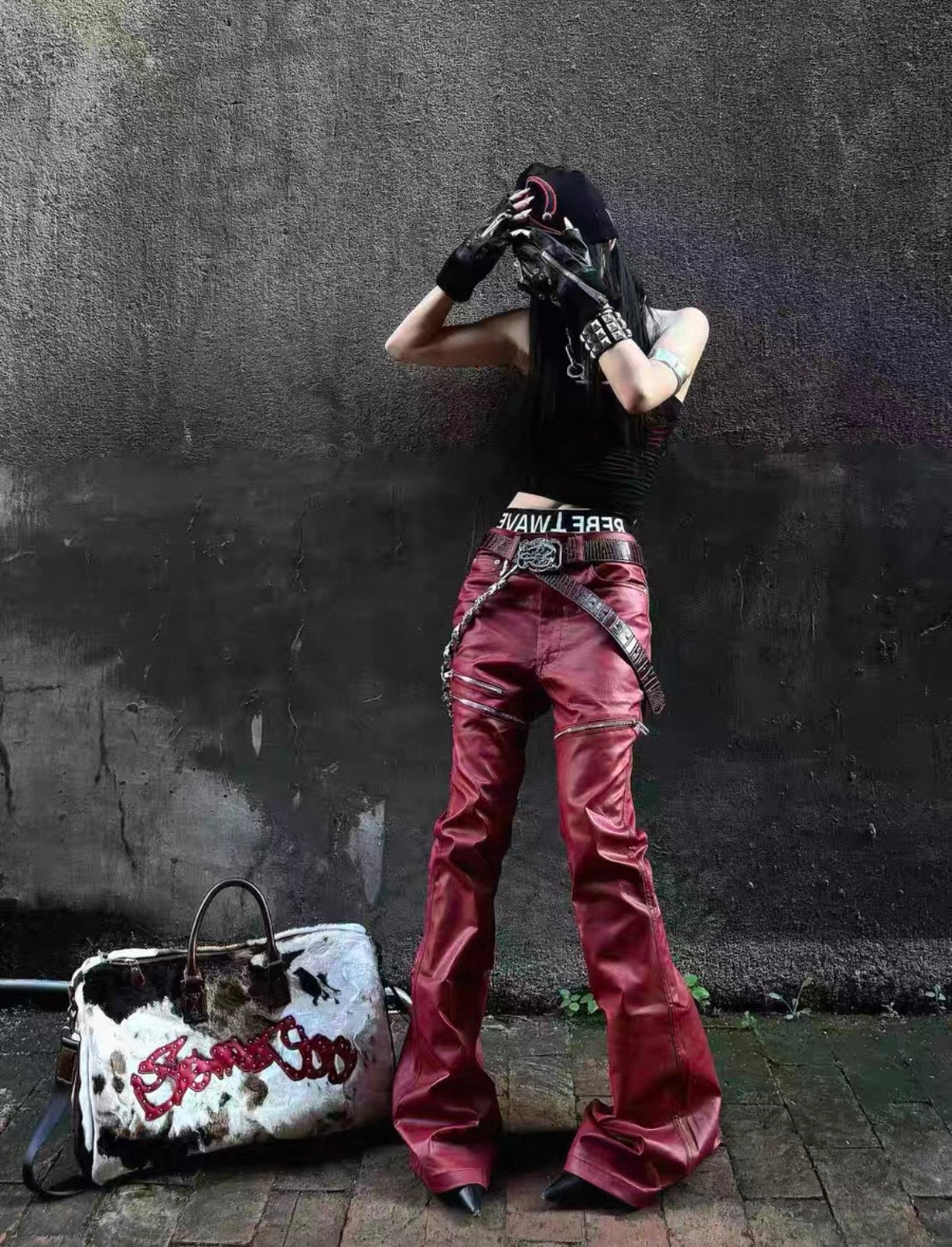 REVEL WAVE Red Lether Flare Pants