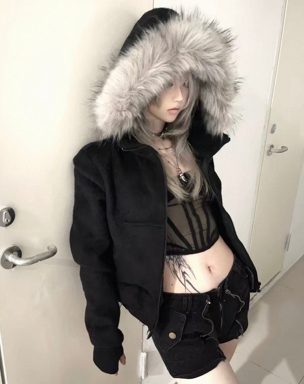 Cross Coffin Golden Raccoon Fur High Collar Hooded Fringe Jacket