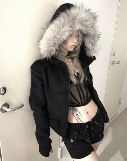 Cross Coffin Golden Raccoon Fur High Collar Hooded Fringe Jacket