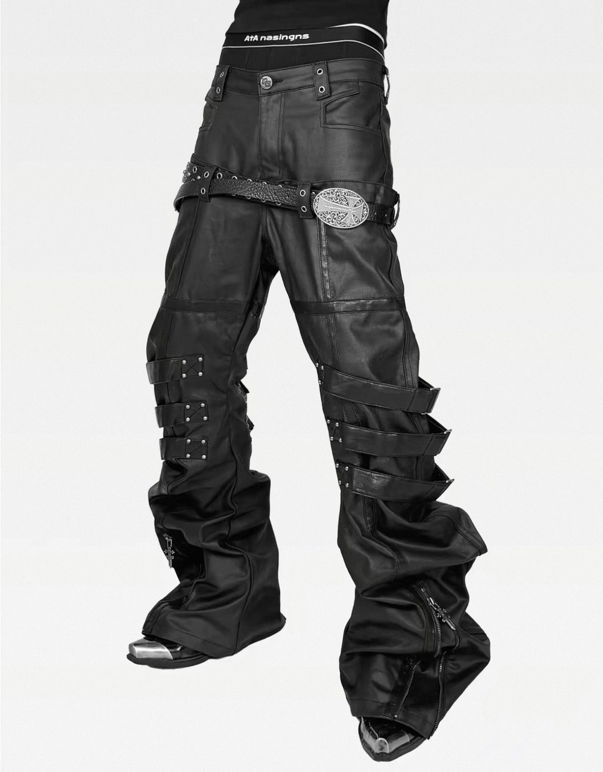 ATANOTHINGNESS Double waist Cross Strap Waxed Flare Pants