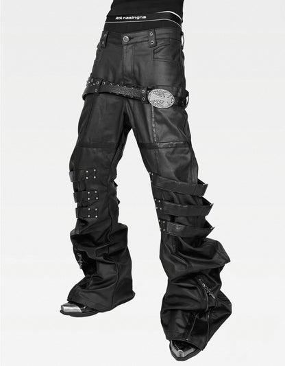 ATANOTHINGNESS Double waist Cross Strap Waxed Flare Pants