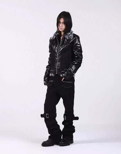 Cross Buckle Wax-Washed Fur Collar Padded Jacket