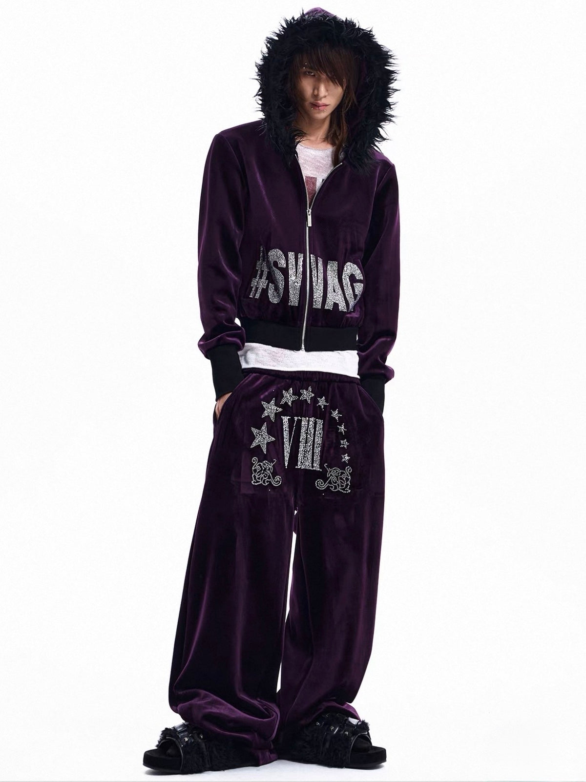 Rhinestone Logo Fur Collar Zip-Up Hoodie Jacket