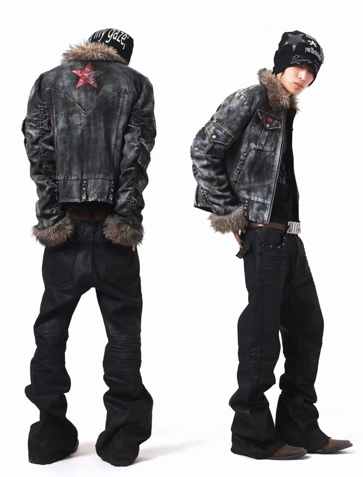 Washed Distressed Rivet Fur Collar Jacket